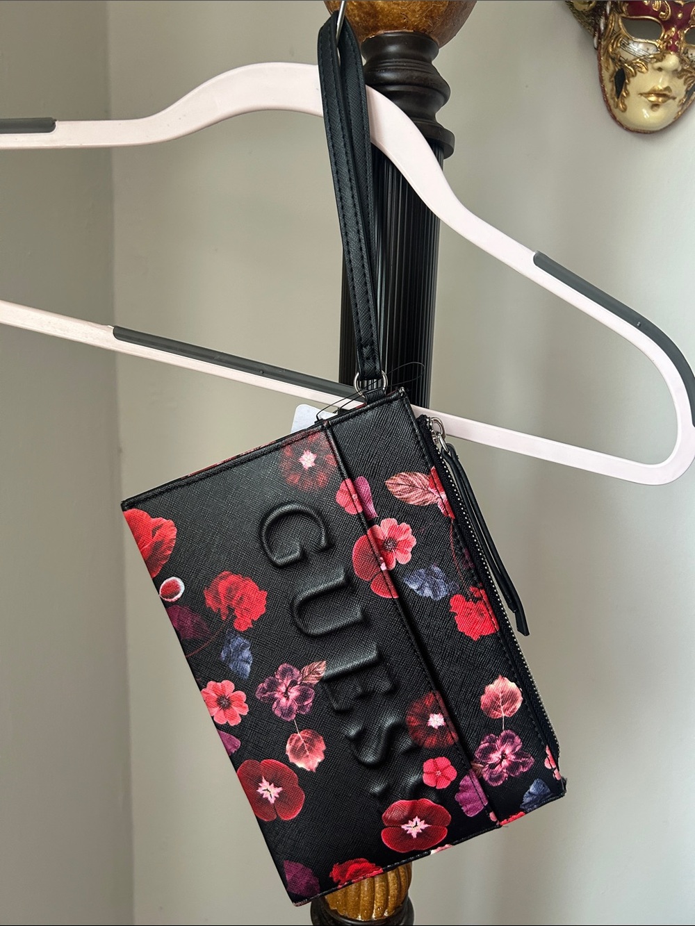 GUESS Black Floral Wristlet Clutch with Red and Pink Flowers